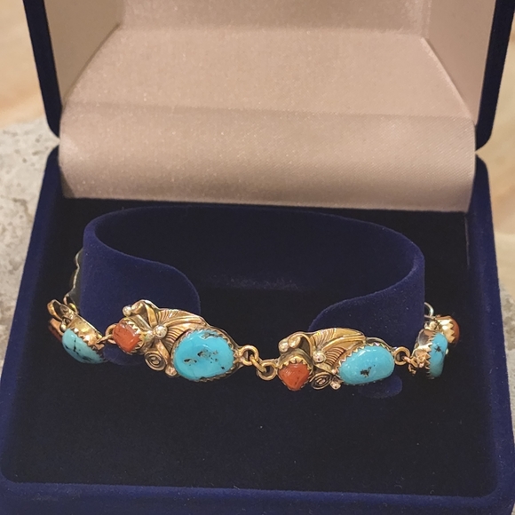 Native American Turquoise and Coral Sterling Silver & Gold Bracelet - Picture 2 of 5